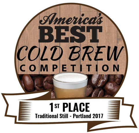 Reborn Coffee best cold brew award, text reads, America’s best cold brew competition, first place, traditional still, Portland 2017