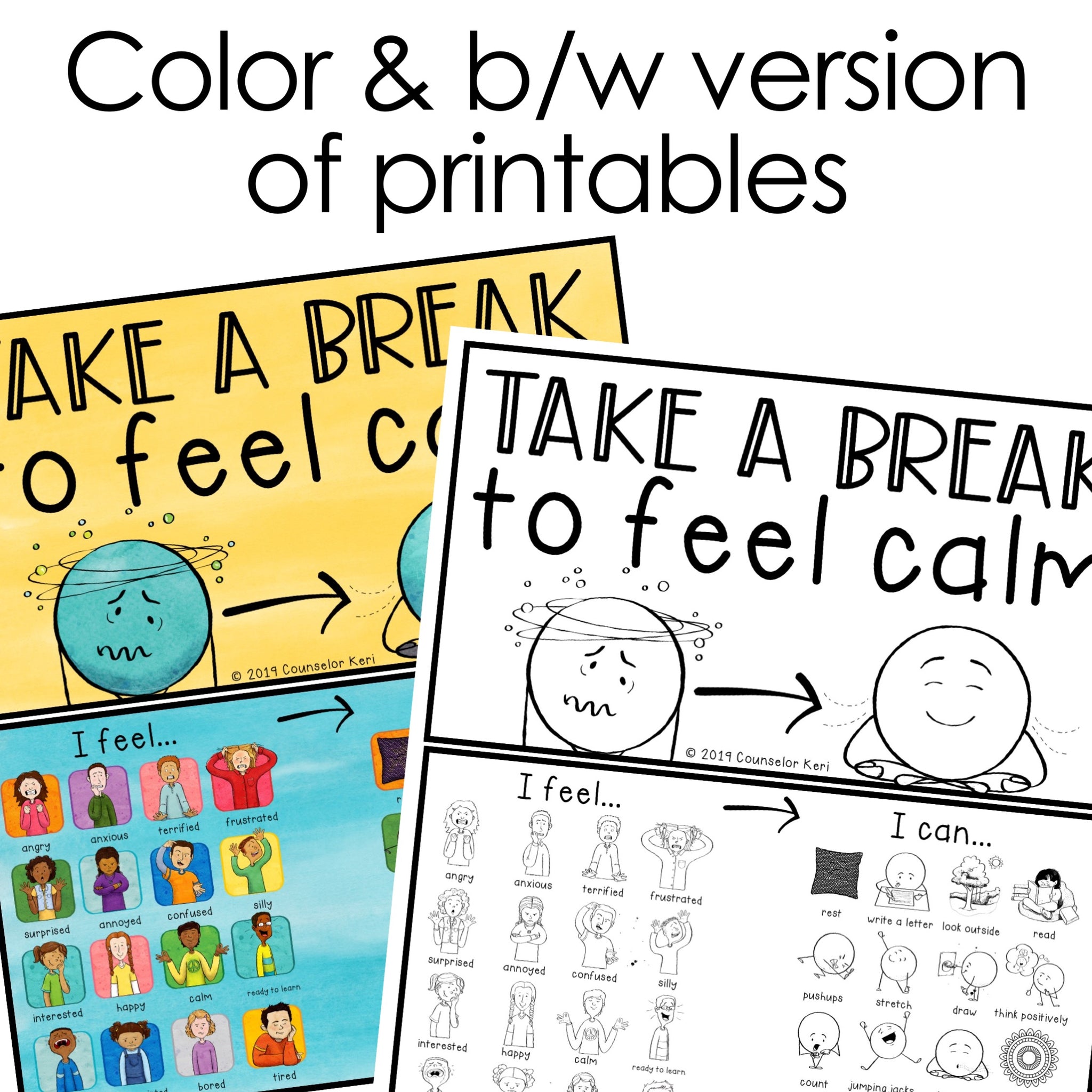 Calm Down Kit Small Box Printables with Coping Skills Cards Counselor