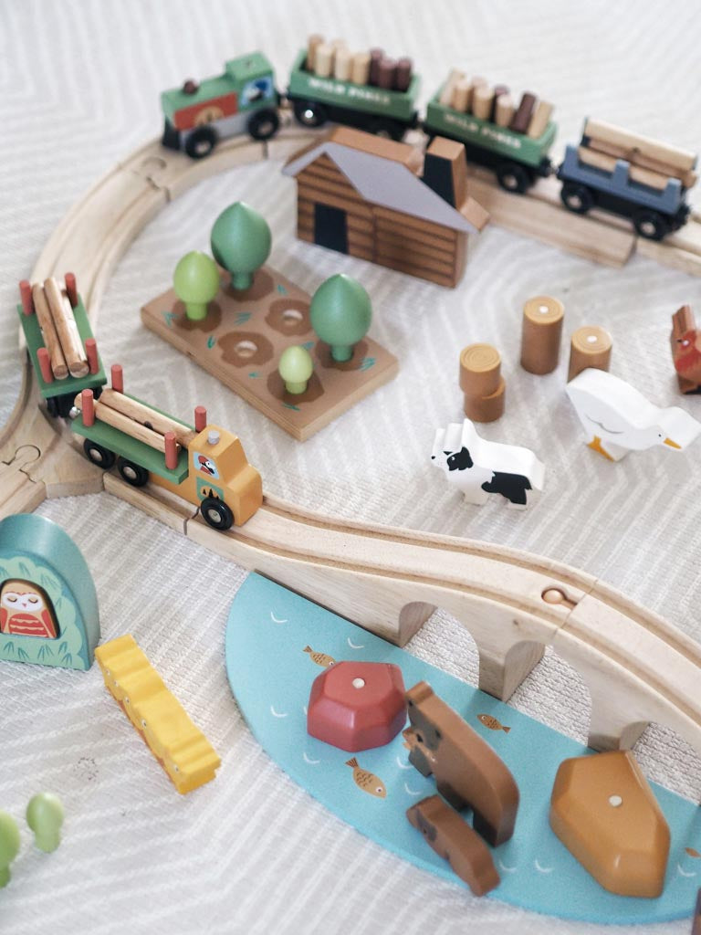 A wooden train set