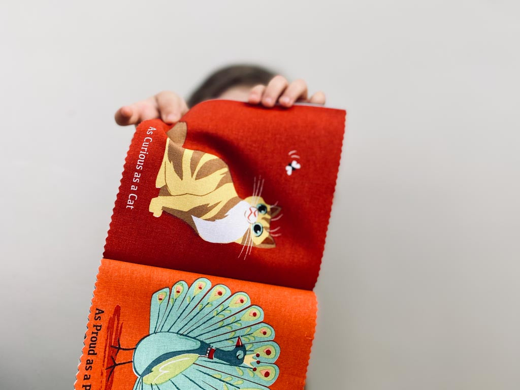 A child holding up a rag book