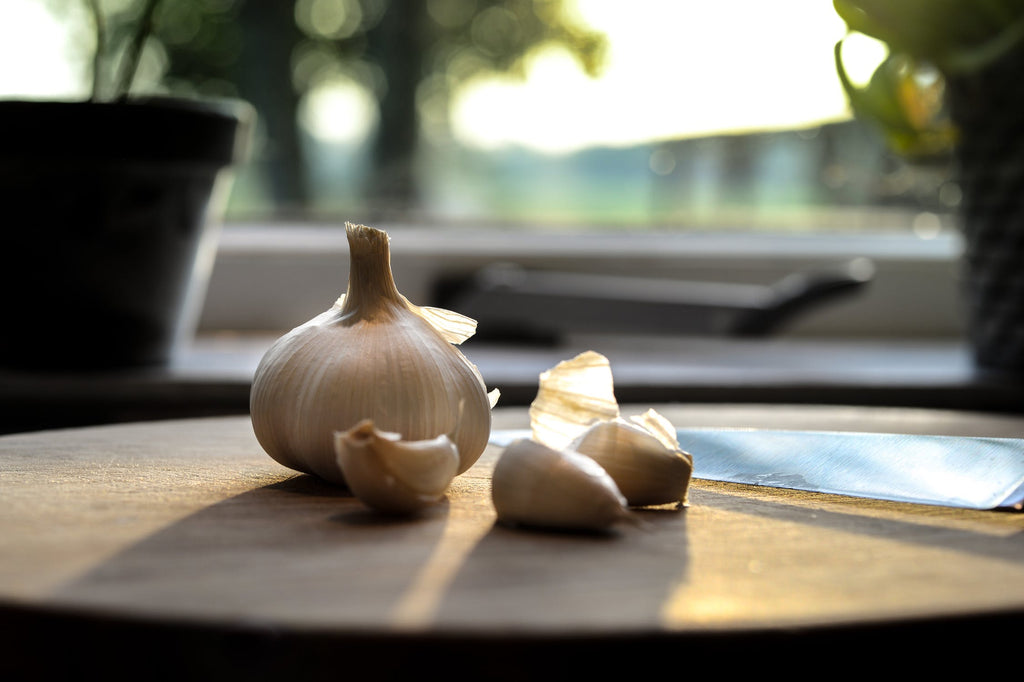 A garlic bulb and cloves sit with a knife on a cutting board in the sunlight