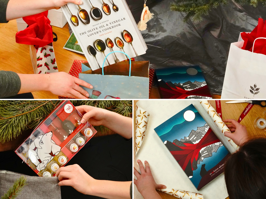 A collage of Christmas Gifting Ideas.  Unwrapping an oil and vinegar lovers cookbook, removing a Pick 6 Christmas Dinner pack from a stocking and wrapping an advent calendar.