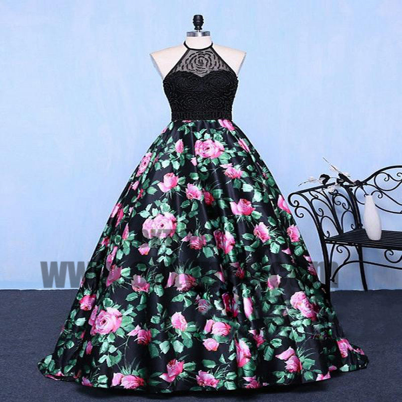 Chic A Line Prom Dress Modest Beautiful Floral Cheap Long Black Prom D ...
