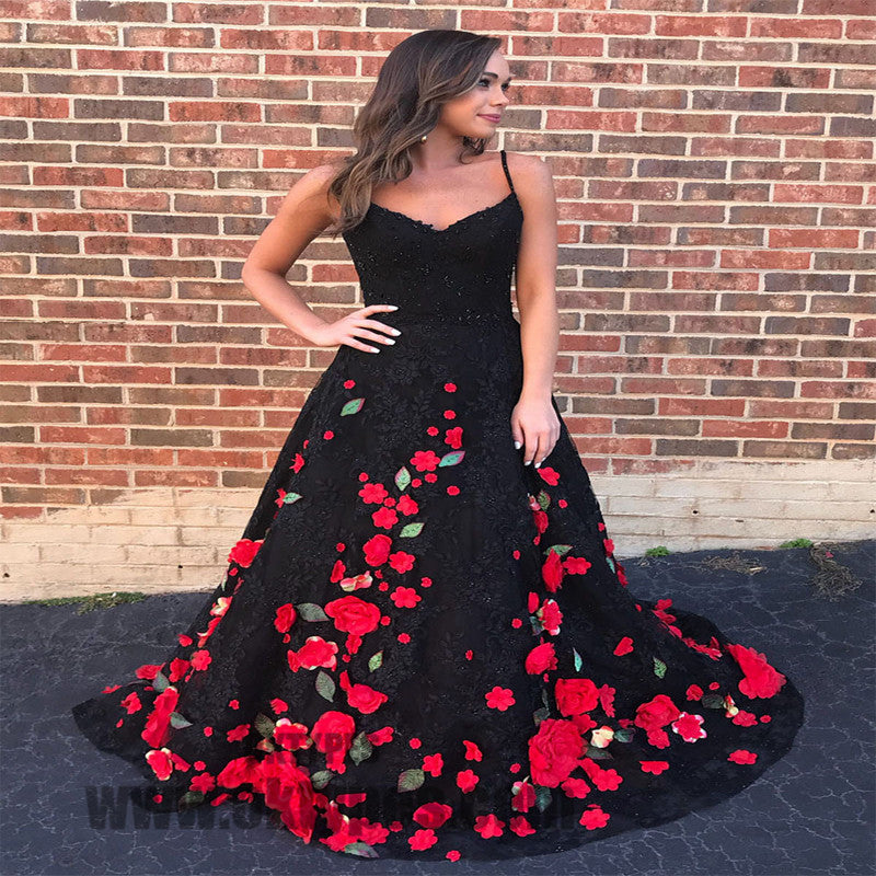 Black Lace Handmade Flowers Prom Dresses, A-line Prom Dresses, Lovely ...