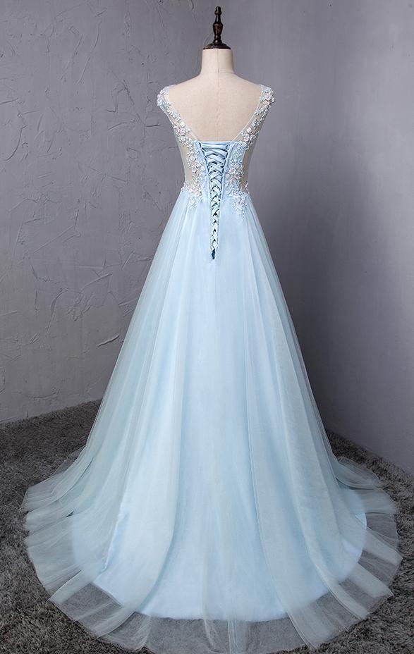 Light Blue Scoop Neckline Flower Embroidery A-Line Long Prom Dress, Be ...