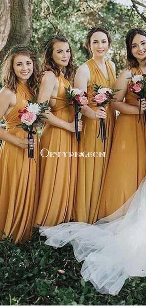 A-Line V-neck Long Cheap Yellow Jersey Convertible Bridesmaid Dresses ...