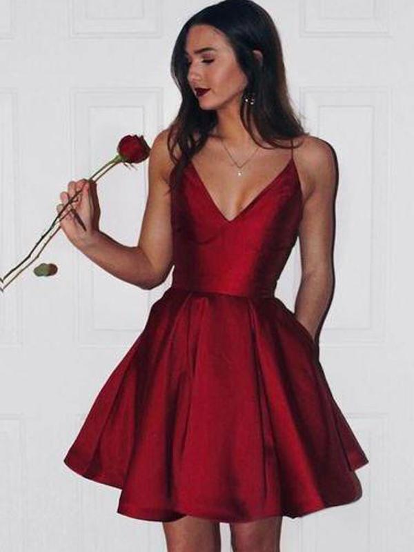 Simple Spaghetti Red Satin Short Prom Dresses, Homecoming Dresses, V-n ...