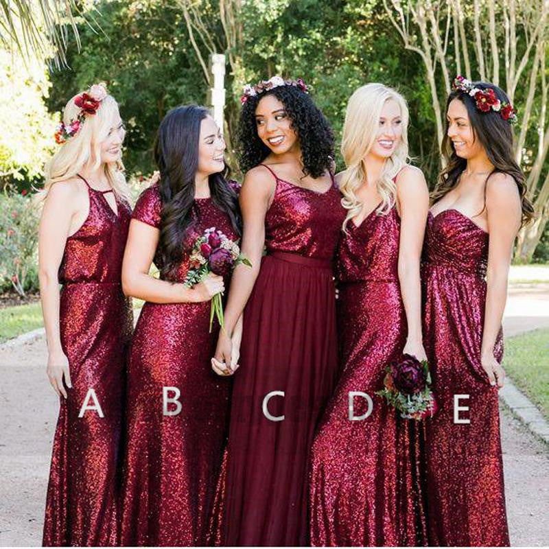 Mismatched Dark Red Sequin Custom Long Bridesmaid Dresses, TYP0813
