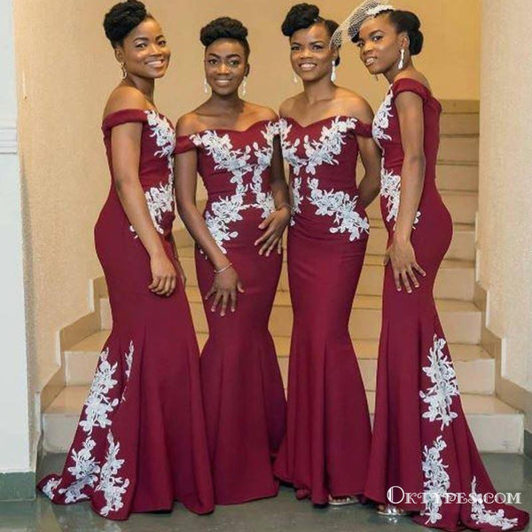 Dark Red Off Shoulder Long Cheap Bridesmaid Dresses With White Lace Ap ...