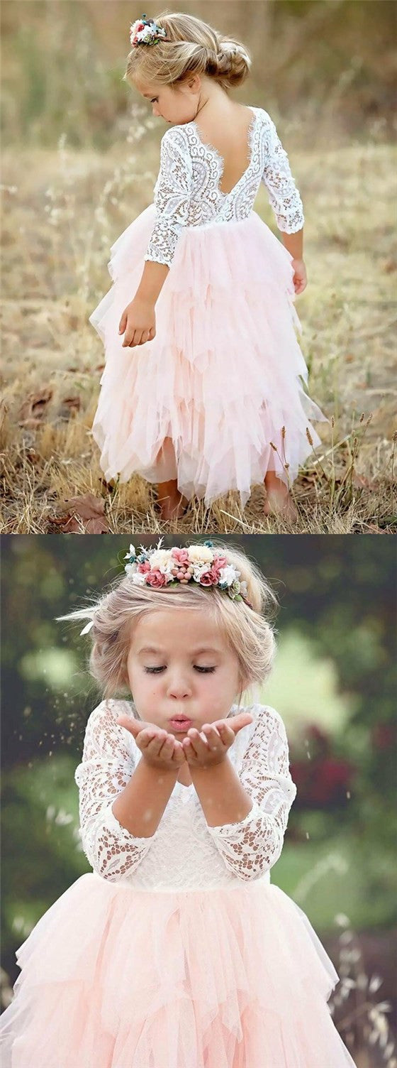 A-Line Scoop Tea-Length 3/4 Sleeves Pink Flower Girl Dresses with Lace ...