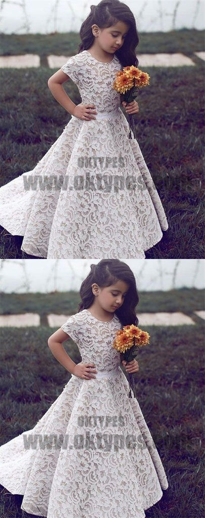 A-Line Round Neck Short Sleeves Sweep Train Ivory Lace Flower Girl Dre ...