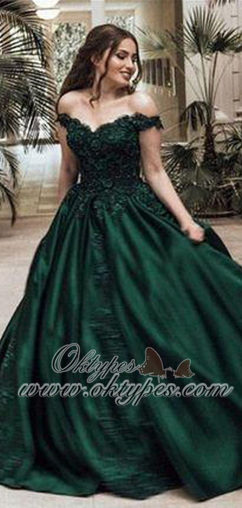 Dark Green Off The Shoulder Satin Ball Gown Long Prom Dresses With App ...