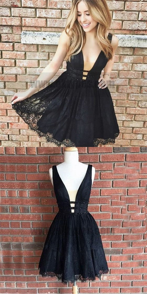 Cute Black Lace Homecoming Dress, Short V Neck Party Dresses, A Line H ...