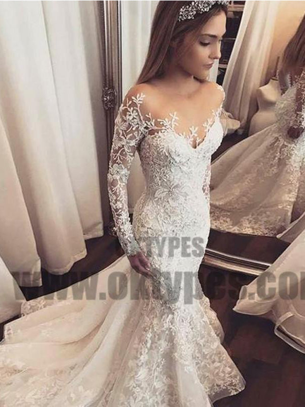 Mermaid Illusion Bateau Long Sleeves Tulle Wedding Dress with Applique ...