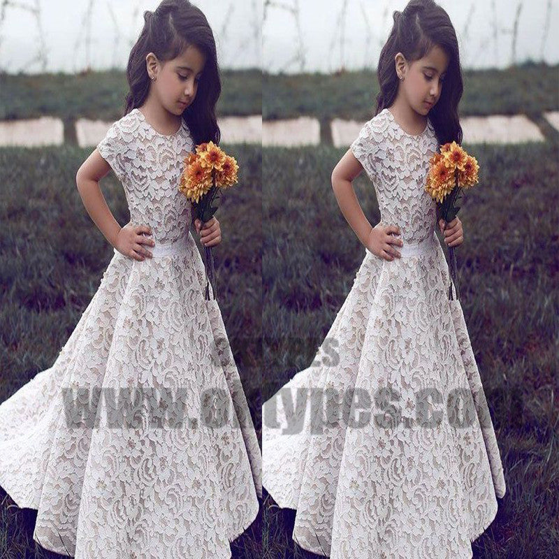 A-Line Round Neck Short Sleeves Sweep Train Ivory Lace Flower Girl Dre ...