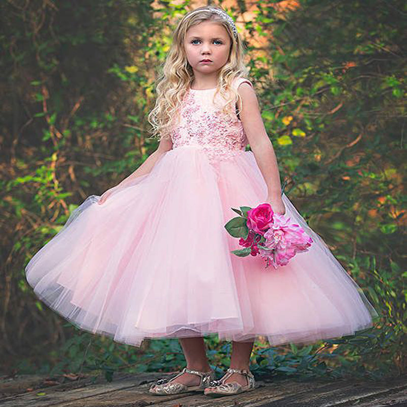 Round Neck Pink Tulle Flower Girl Dresses with Appliques&Beading, TYP1 ...