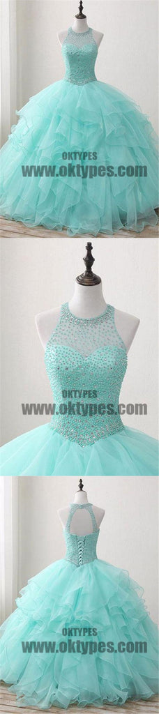 Ball Gown Long Green Sleeveless Open Back Lace up Beads High Neck Prom ...
