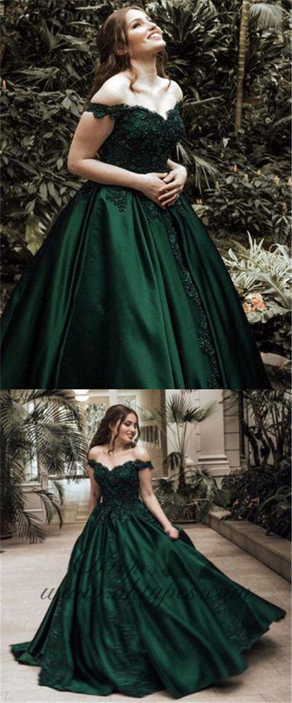 Dark Green Off The Shoulder Satin Ball Gown Long Prom Dresses With App ...