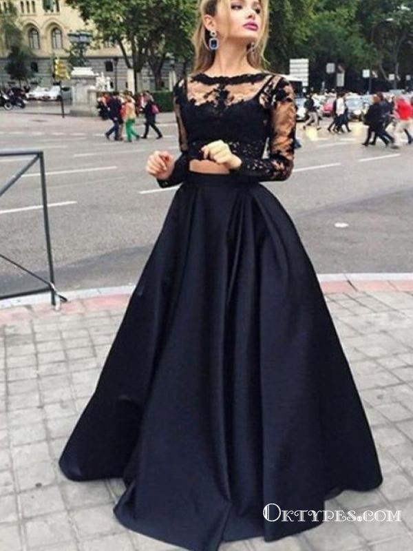 Black Two Piece Long Sleeve Prom Dresses, A-line Lace Two Piece Long P ...