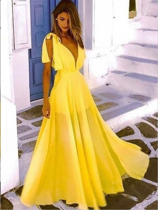 A-Line V-Neck Low Cut Long Cheap Yellow Chiffon Prom Party Dresses Onl ...