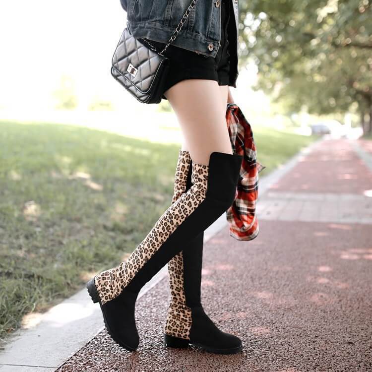 Leopard Print Chunky Heel Patchwork Over Knee Boots