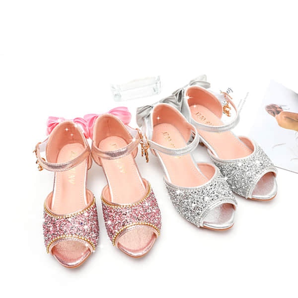 Girls Solid Shining Crystal Sandals Glitter Low Heel Shoes