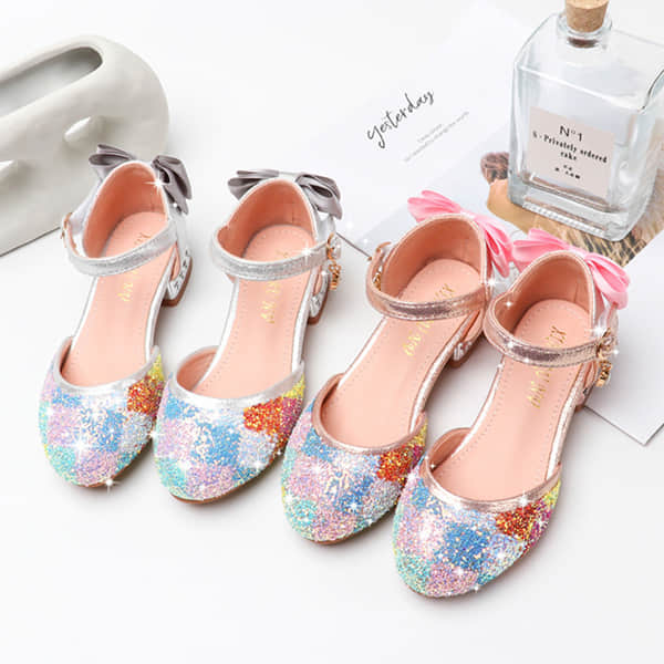 Girls Rainbow Diamond Grid Sandals Glitter Low Heel Shoes