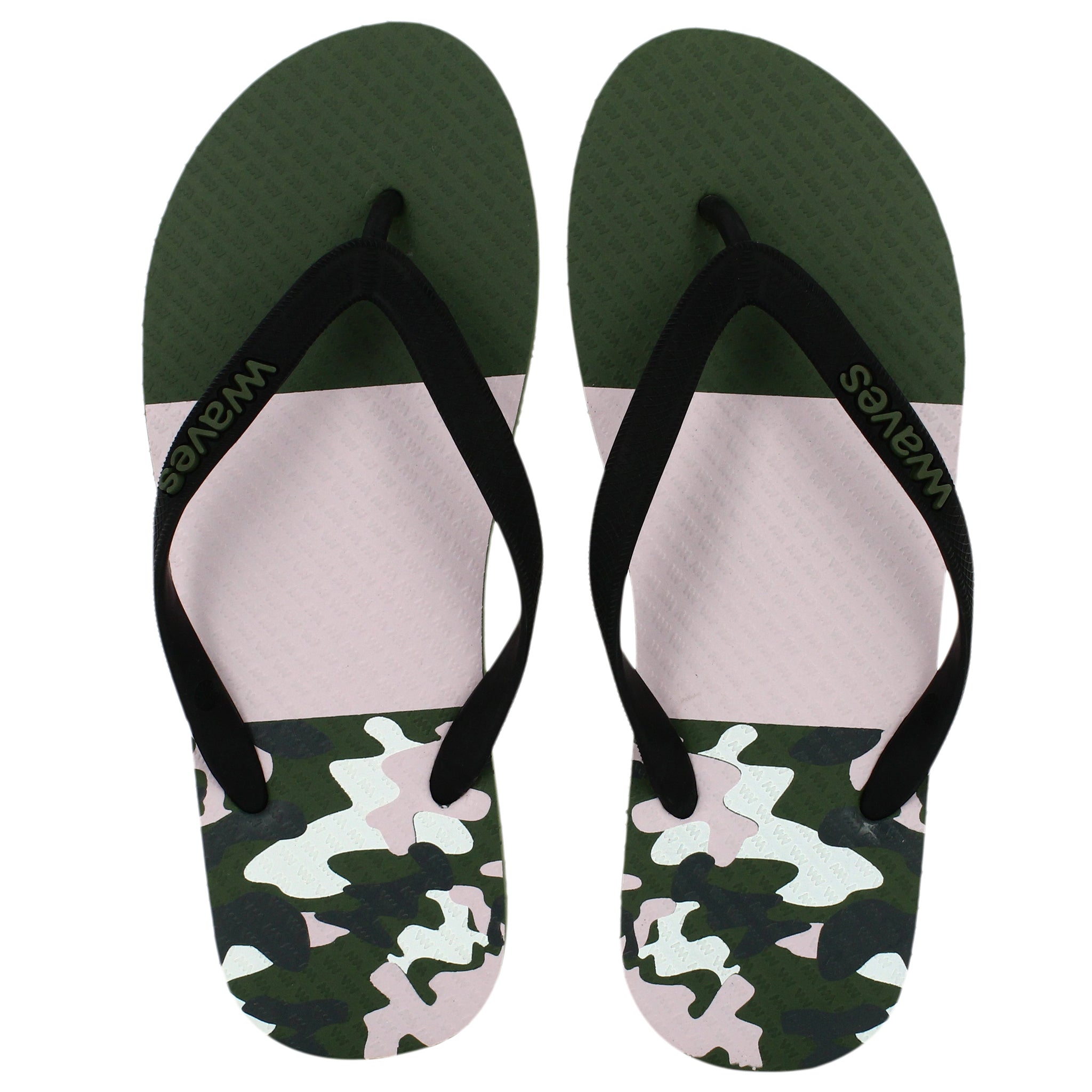 Khaki Green and White Camo Tapered Flip Flops, Men's â Waves Flip Flops USA