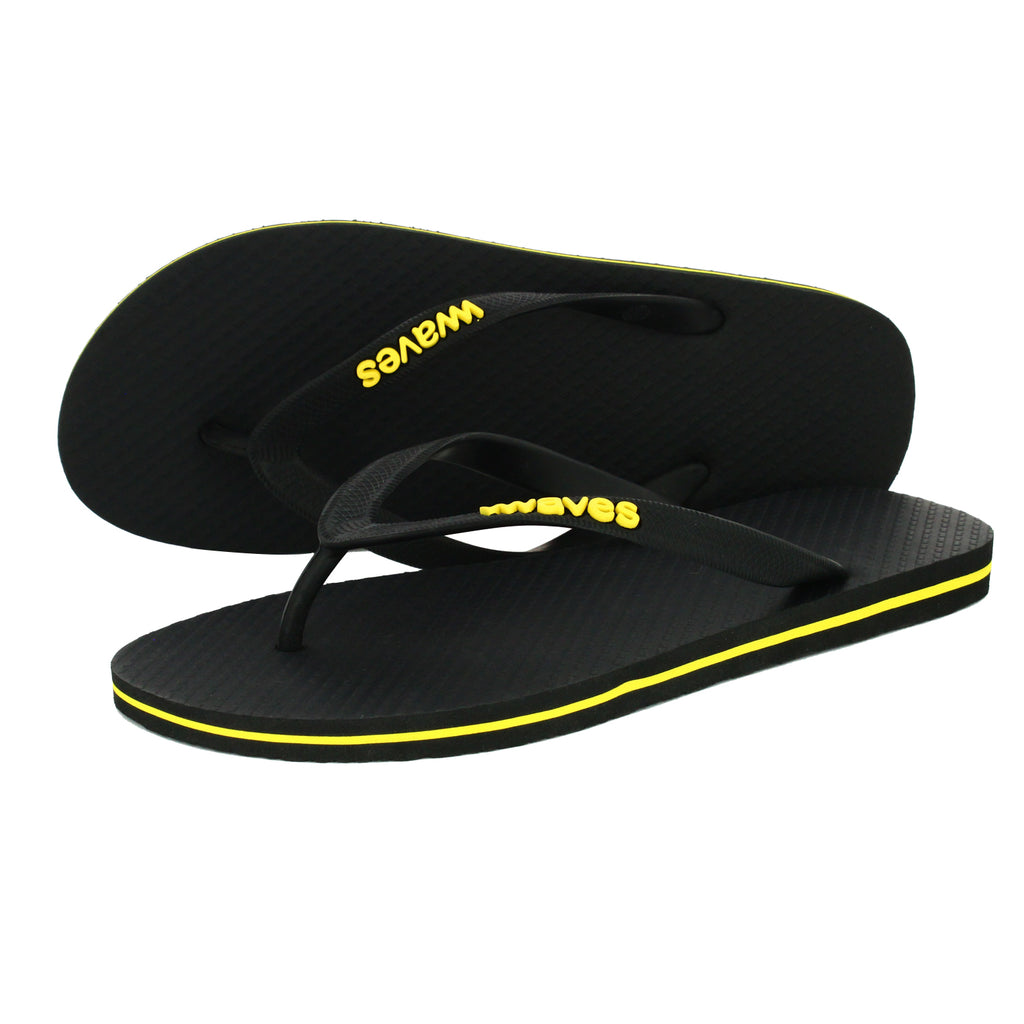 black and yellow flip flops