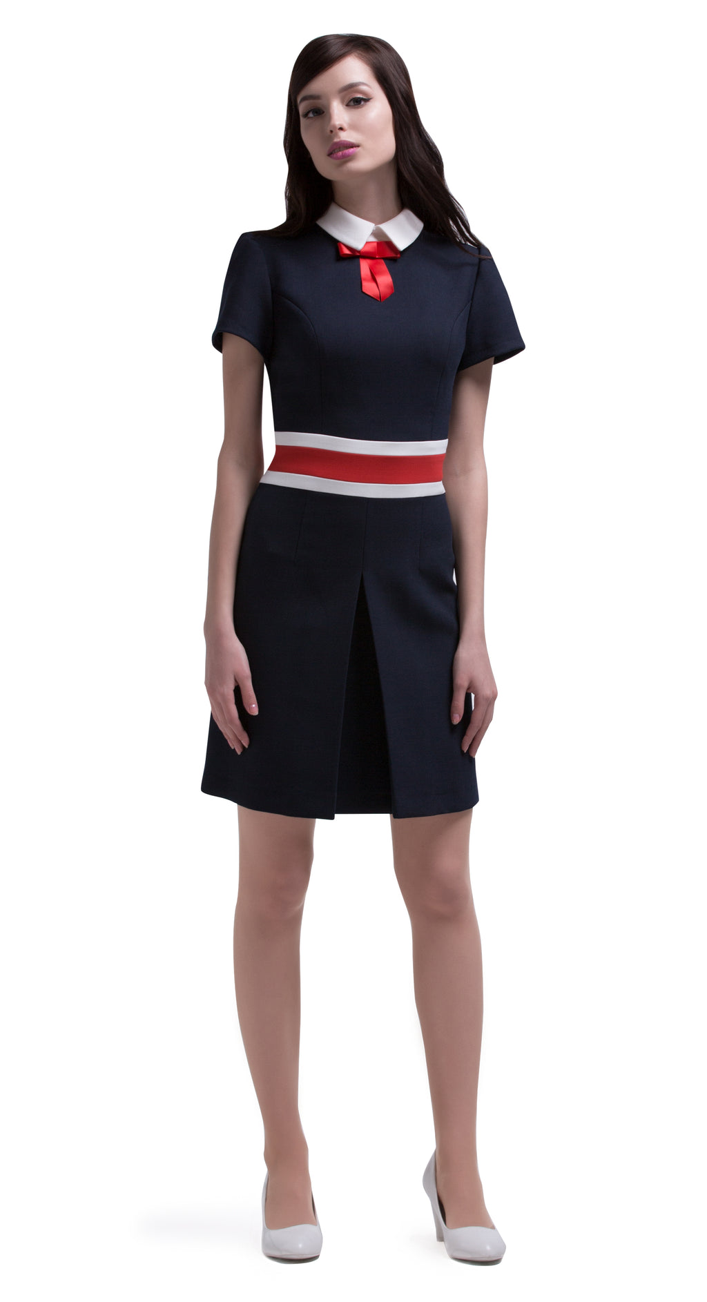 This straight cut, front pleat, tri-colour sixties style dress has contrasting retro bands at the waistline. Made from a navy blue, red and light cream, medium weight Italian mill fabric. Provides some stretch. A small light cream collar with contrasting red bow and short sleeves completes this at work or play versatile Autumn dress.  Pairs perfectly with our matching double breasted coat to create a fabulous high fashion dress/coat set.   Choose bespoke for alternative sleeve lengths.