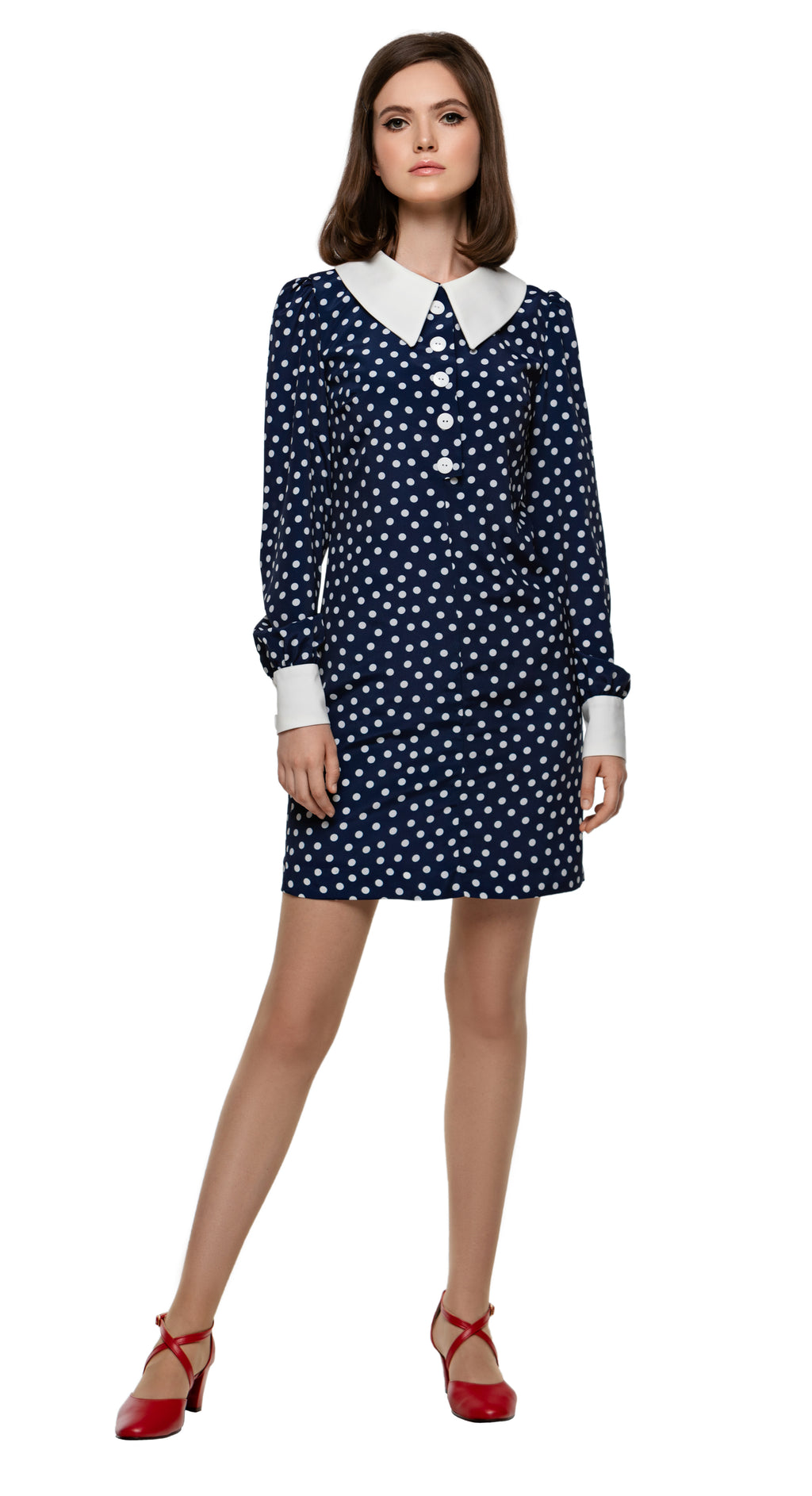 blue polka dot dress with white collar