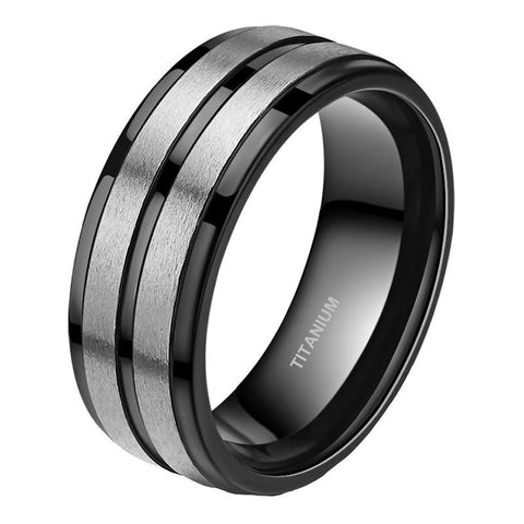 Brushed Silver Center Groove Black Titanium Ring