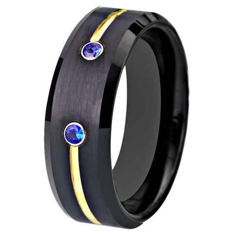 Gold and Blue Zirconia Brushed Tungsten Ring