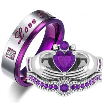 Amethyst CZ Claddagh Love Engraved Tungsten Carbide Ring 3pcs Set