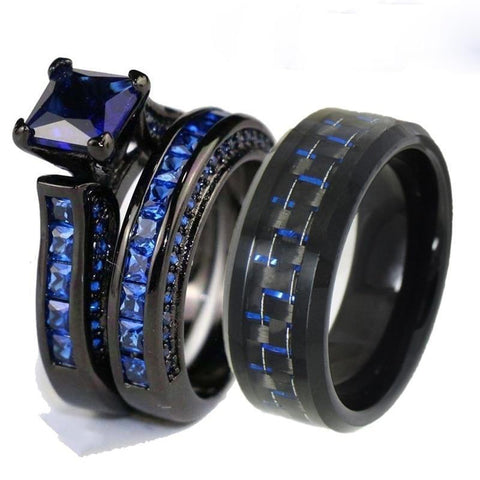 Solitaire Blue Princess Cut CZ Black Tungsten Carbide Ring 3pcs Set