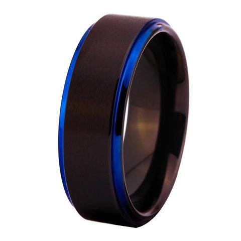Blue Step Bevel Brushed Black Tungsten Ring