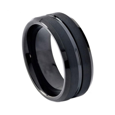 High Bevel Center Groove Brushed Tungsten Ring