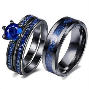 Six Prong Channel Blue CZ Black Tungsten Carbide Ring 3pcs Set