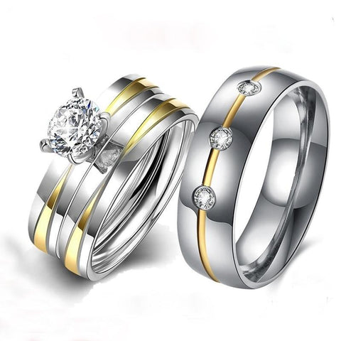 Round Solitaire Gold & Silver Plated Tungsten Carbide Ring 3pcs Set