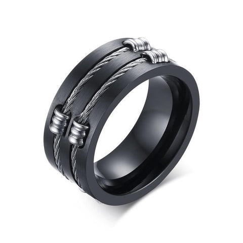 Silver Cable Inlay Black Titanium Ring