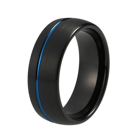 Off-centre Blue Groove Brushed Dome Tungsten Ring