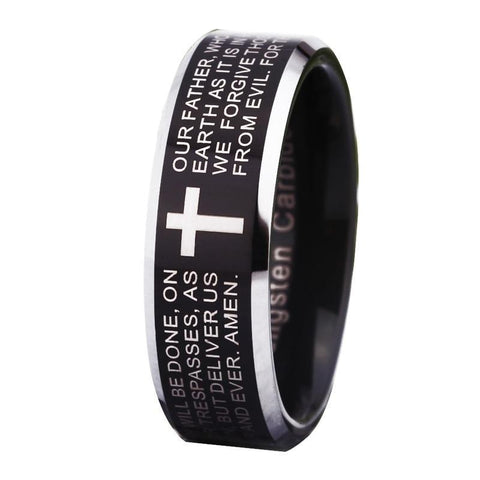 Silver Engraved Cross Black Tungsten Ring