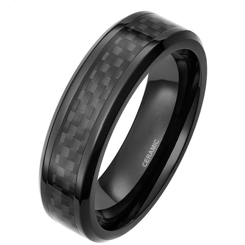 Mesh Carbon Fiber Inlay Black Ceramic Ring
