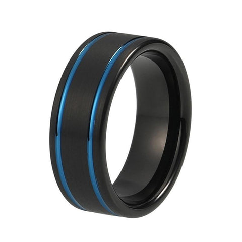 Lateral Edge Blue Groove Black Tungsten Ring