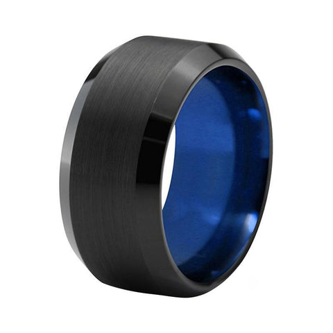 Full Beveled Brushed Black & Blue Tungsten Ring