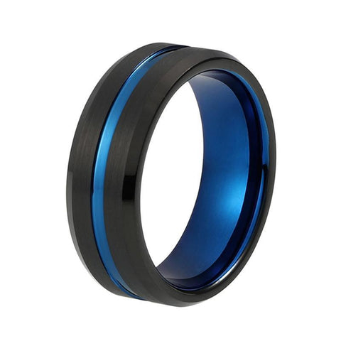 Blue Center Groove Matte Black Tungsten Carbide Ring