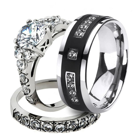 Channel Set Cubic Zirconia Silver & Black Stainless Steel Ring 3pcs Set