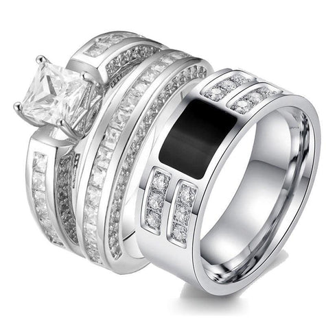 Pavé Princess Cut CZ Black Tungsten Carbide Ring 3pcs Set