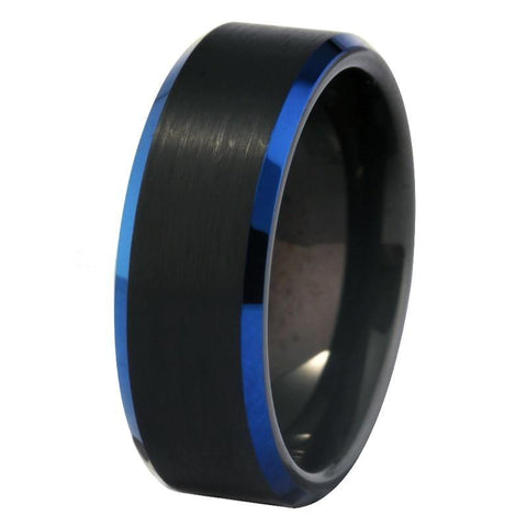 Blue High Bevel Brushed Black Tungsten Ring