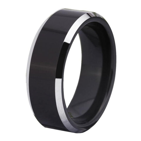 Blue High Bevel Brushed Black Tungsten Ring